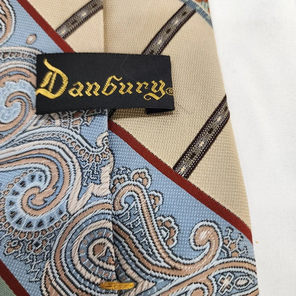 Vintage Danbury Mens Tie Paisley Geometric Tan Blue Burgundy WPL 6141 Polyester